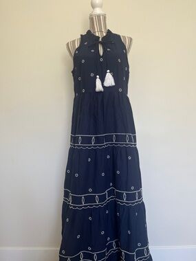 Sleeveless Navy Embroidered Halter Maxi Dress with Tassel Detail